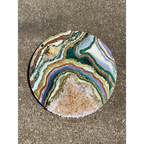 Geode Abstract Resin Art Piece | 24" Round | Yellow Calcite Crystals and Quartz - Picture 3 of 12